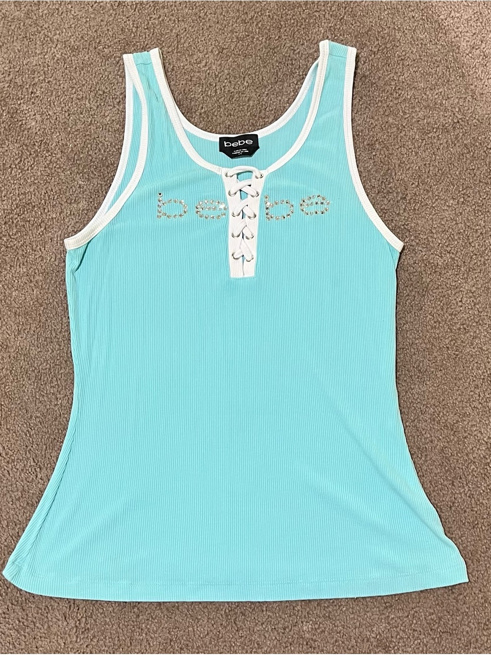 bebe Aqua Lace-Up Ribbed Tank with White Trim